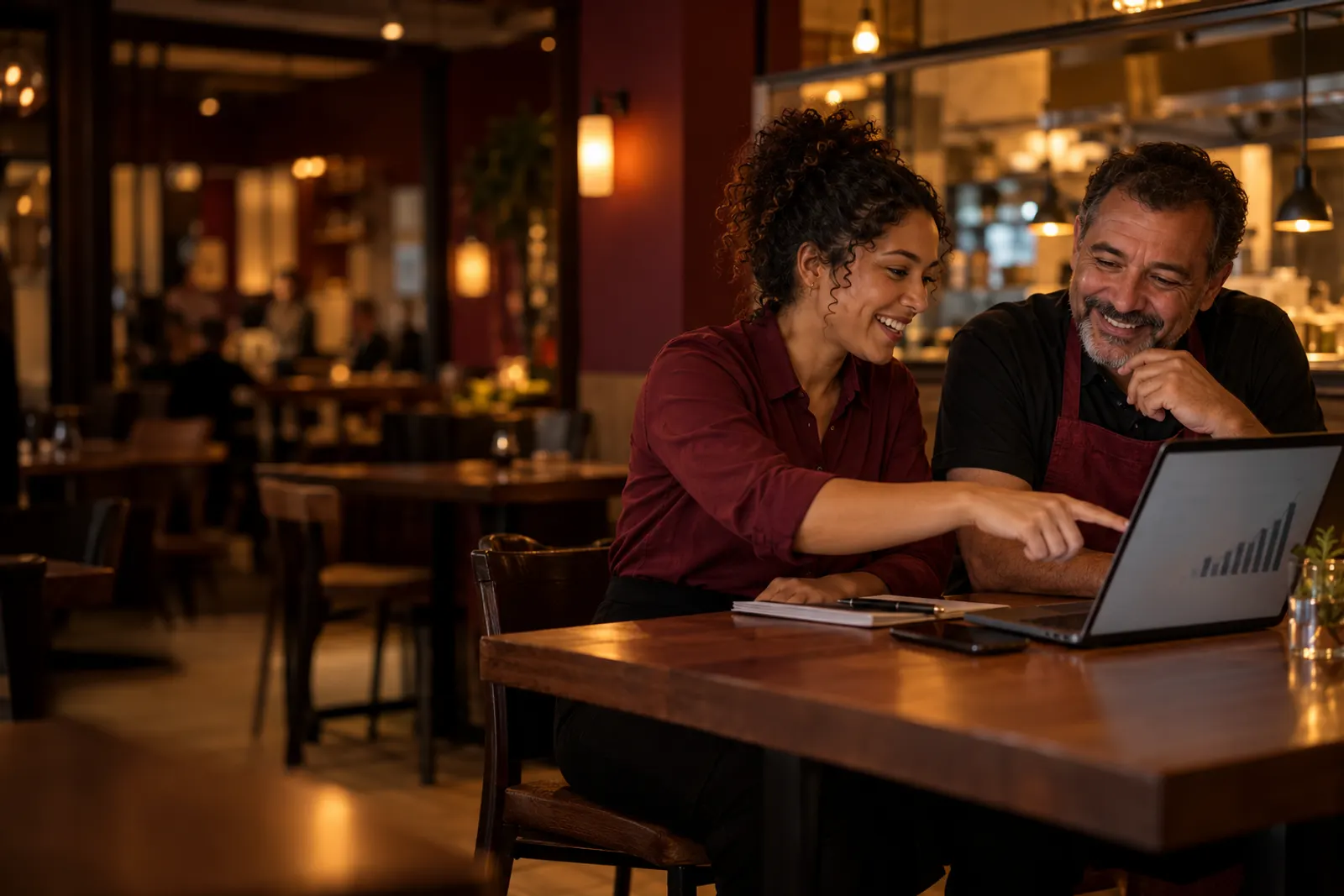 Gestora de delivery mostrando os números da loja no notebook para o dono do restaurante
