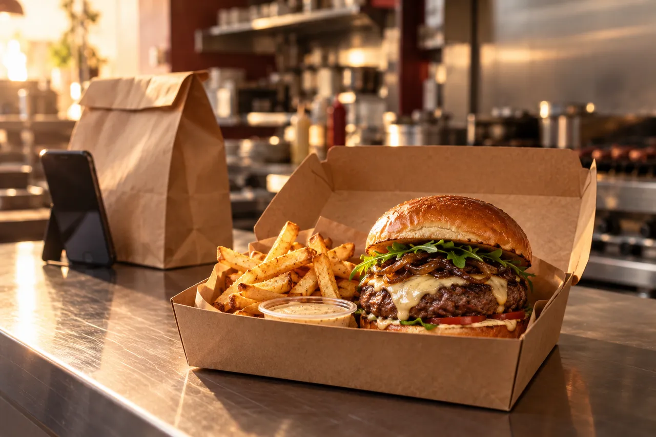 Pedido de delivery pronto no balcão: hambúrguer, batata frita e molho na embalagem